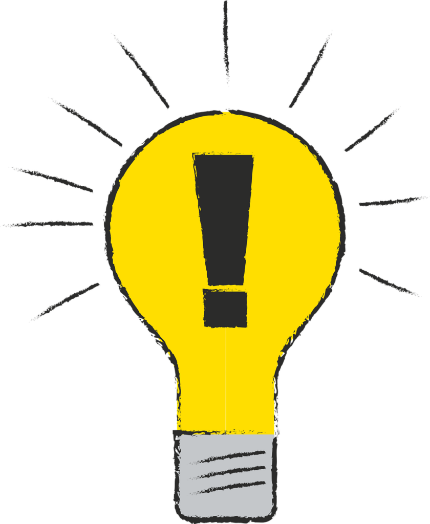 Zeichnung einer gelben Glühbirne mit Ausrufezeichen